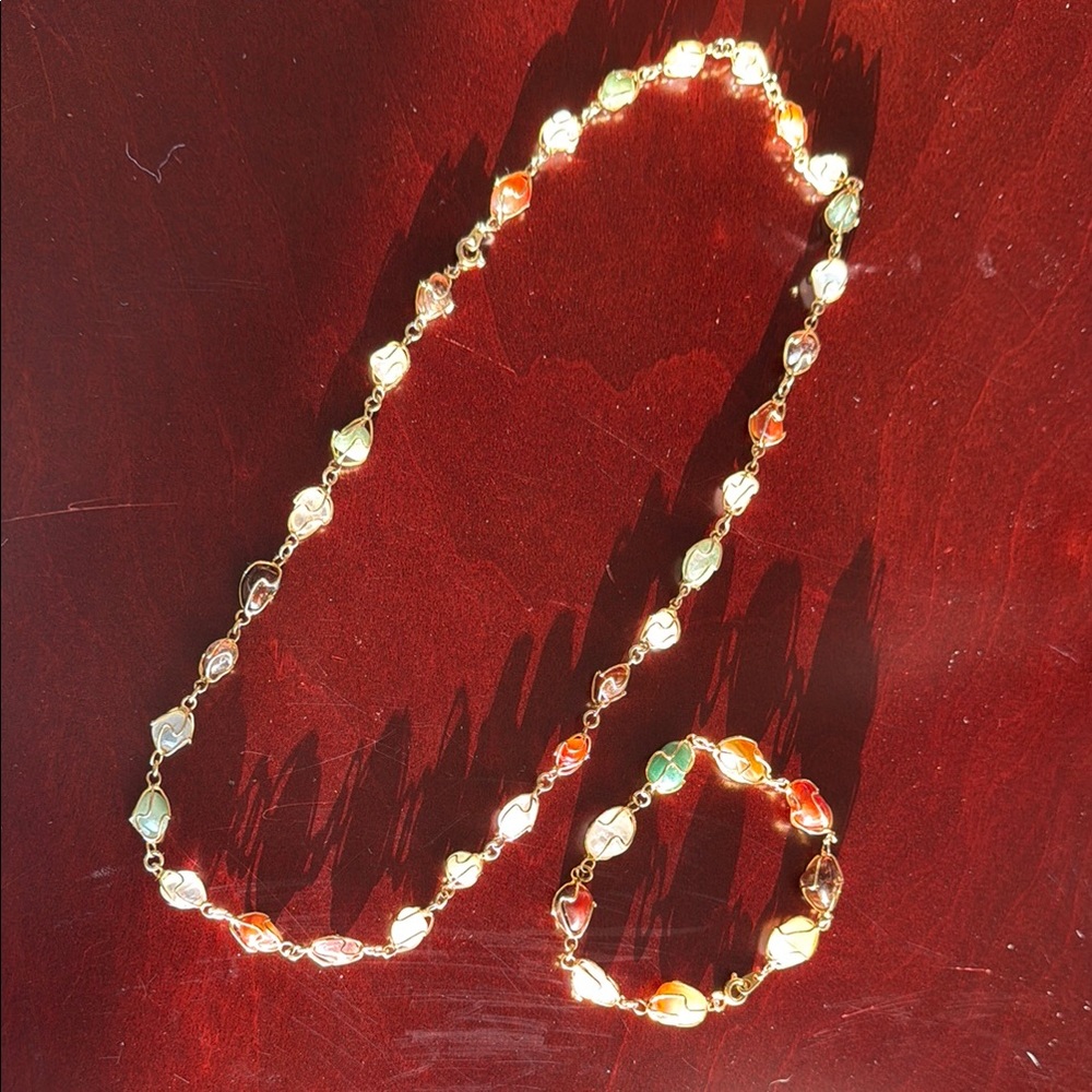 Elegant Gold & Multicolor Crystals Beaded Wire Wrapped Necklace and Bracelet Set